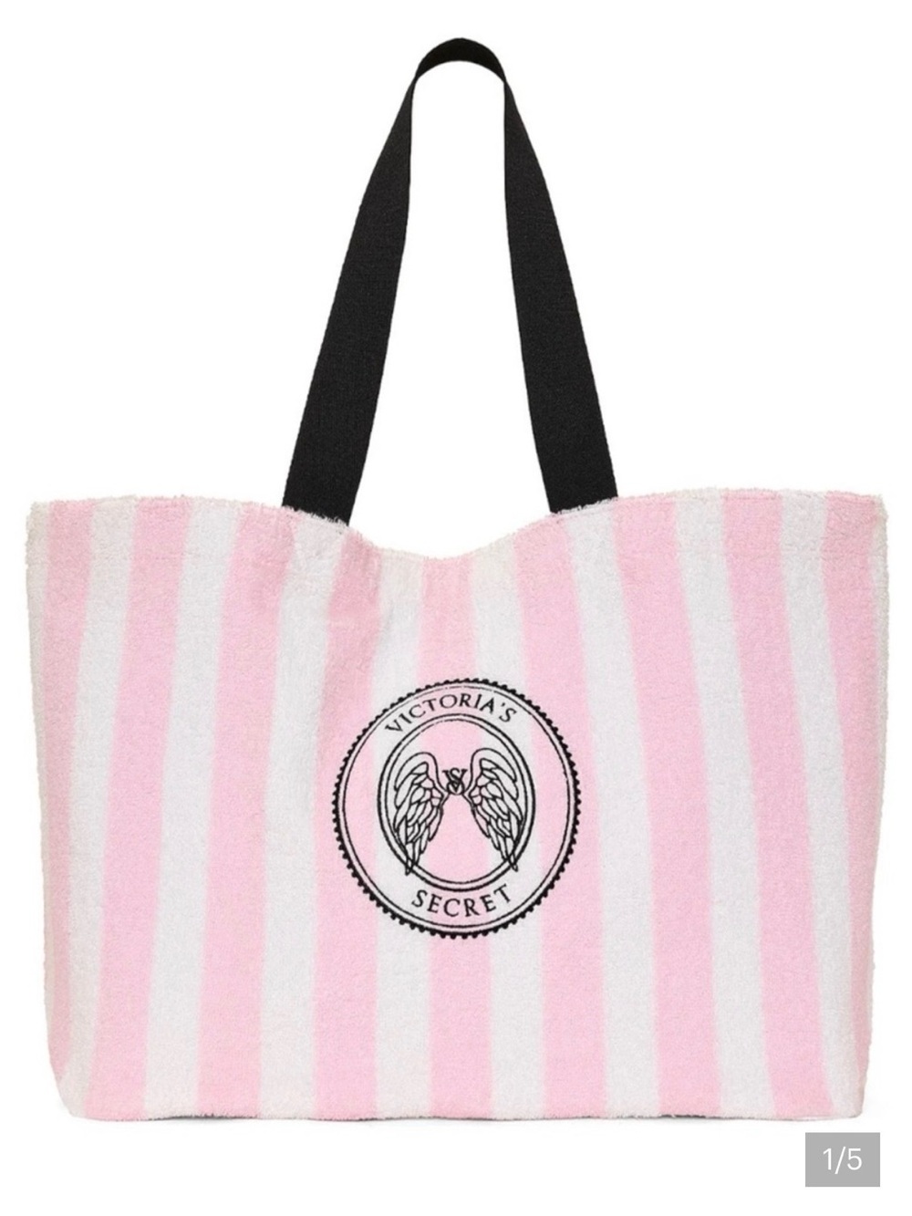 Victoria's Secret Pink & White Striped Tote with Black Handles